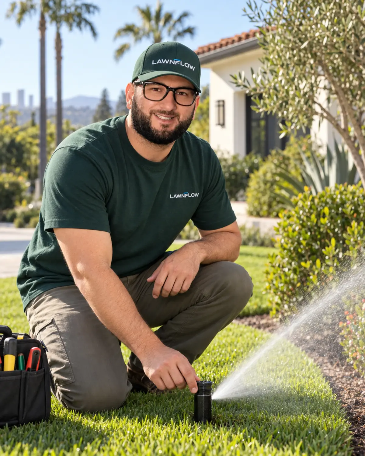 Artur checking sprinkler coverage at a Los Angeles home